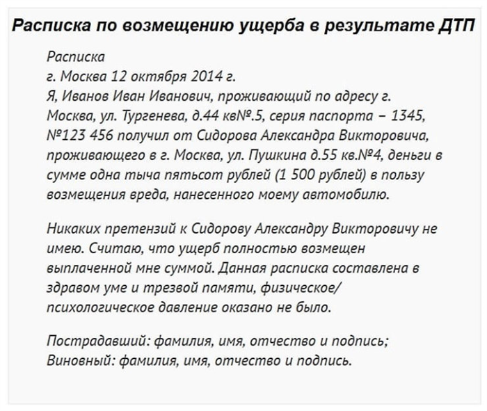 Рекомендации при написании расписки от пострадавшего в ДТП при телесных повреждениях