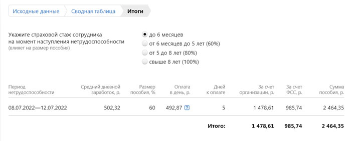 Пример расчета больничного с помощью онлайн-калькулятора