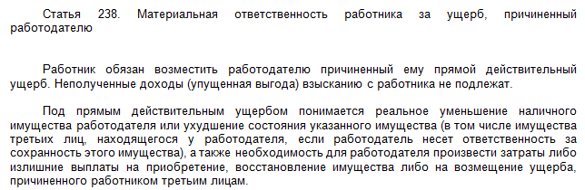 Вина работника тк рф. Ст 238 ТК РФ. Упущенная выгода с работника. Материальная ответственность ТК. Материальная ответственность работника статьи 238.