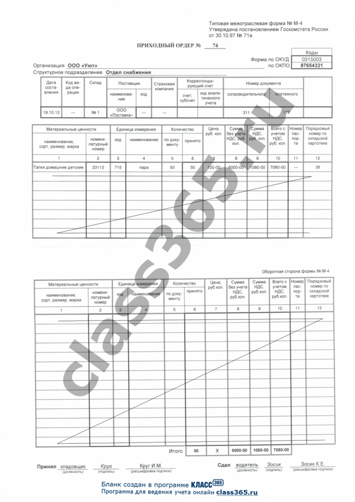 Порядок формирования приходного ордера для оприходования товаров на склад согласно М-4